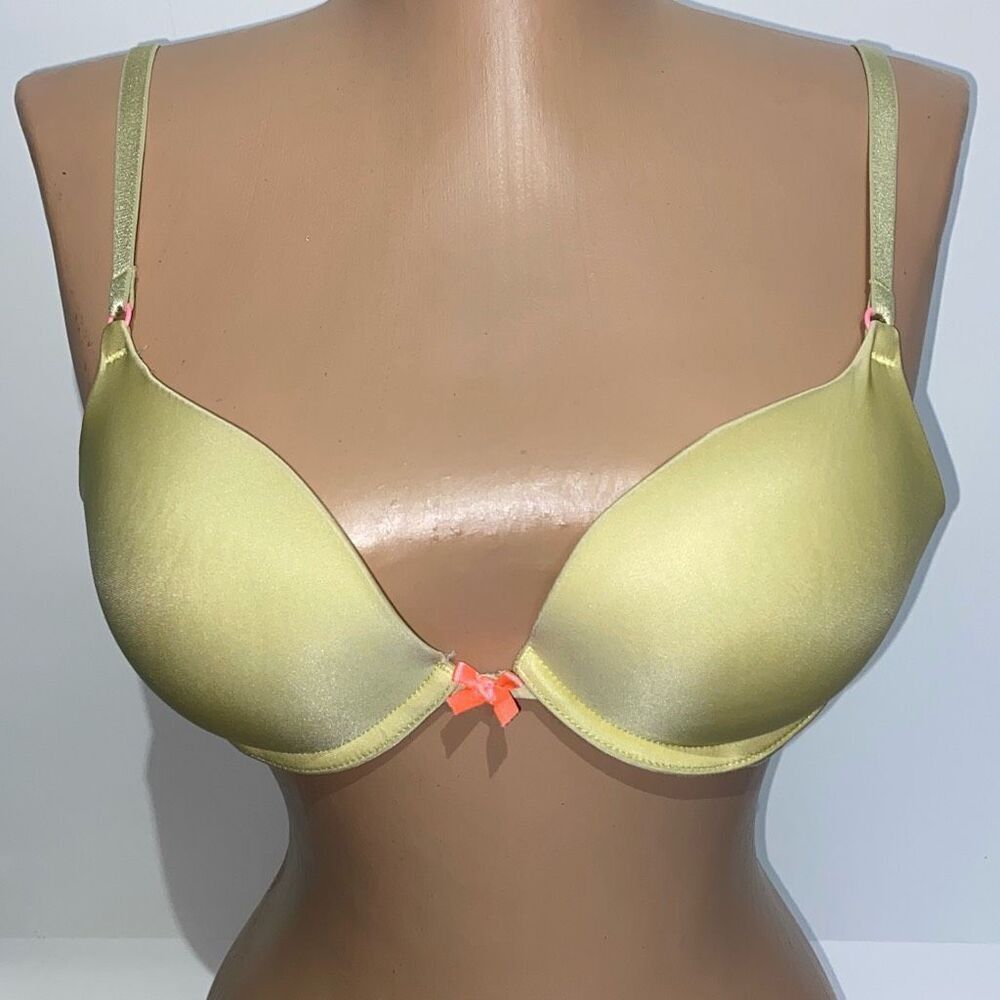 Victorias Secret 34B Push Up Bra Chartreuse Lime Green Satin Pink Bow Accent